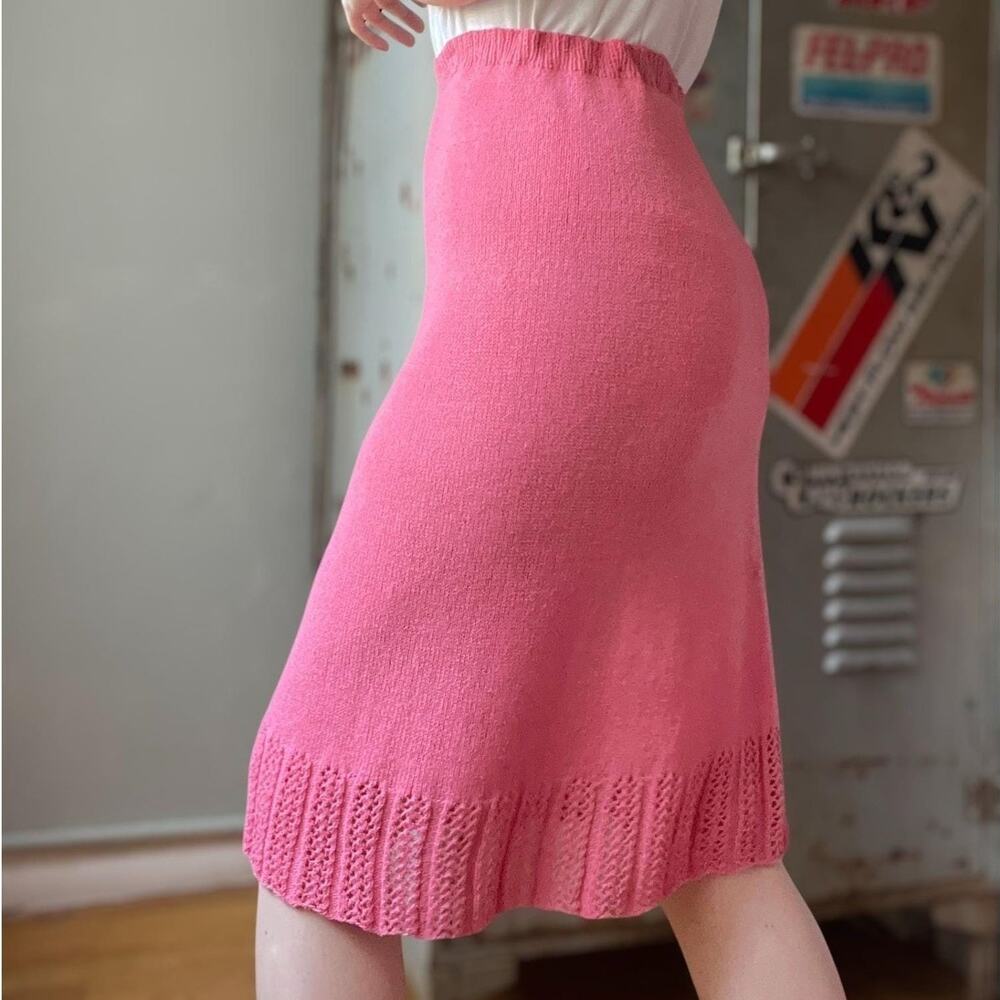 Y2K Handmade Knit Skirt | Barbie Pink Crochet Hem Elastic Waist | S–M